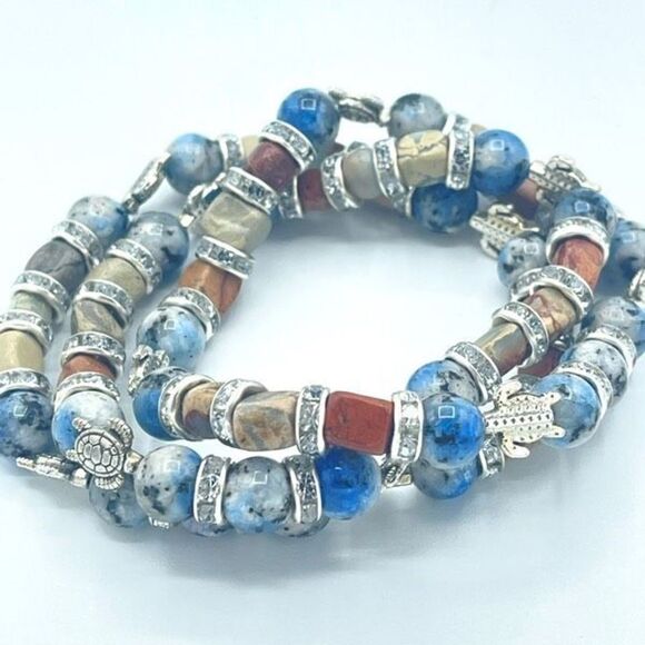 Sea Turtle K2 Picasso stone jasper crystal beaded stretch bracelet ONE NEW rhine - Picture 1 of 8